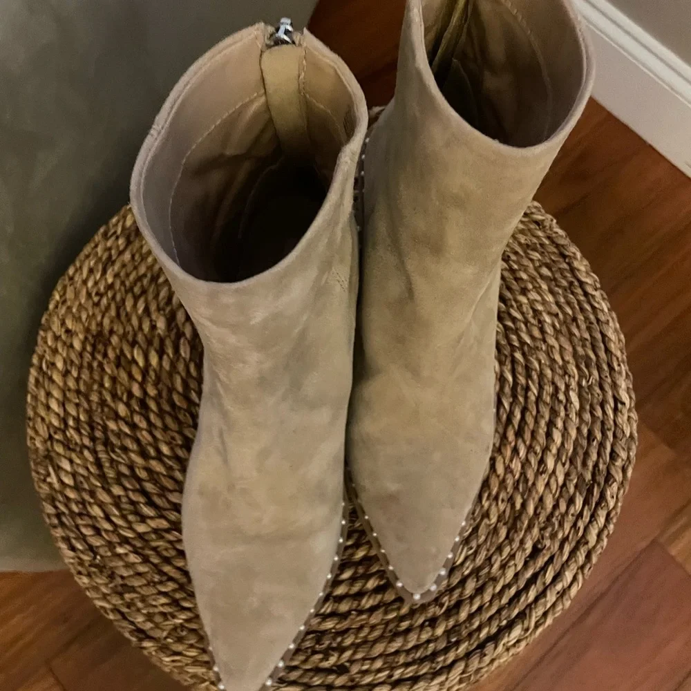 Steve Madden Tan Suede Pointed Toe Ankle Boots with Stud Trim